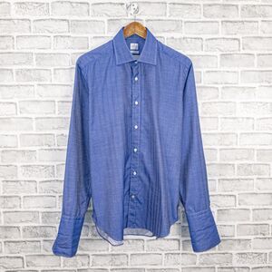 TRUZZI Milano French Cuff Dress Shirt in Blue herringbone stripe 16 handmade